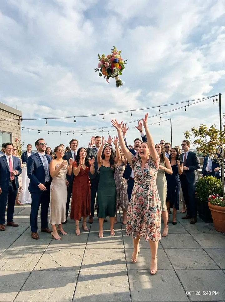 Guests reaching for the bouquet mid-air
