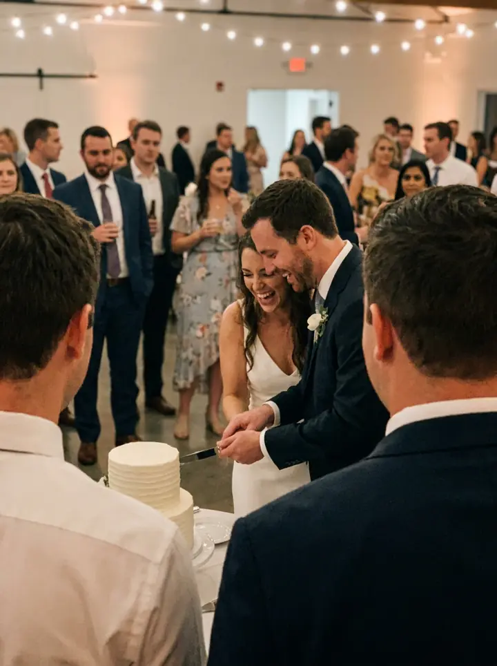 The couple cutting the cake, seen between guests