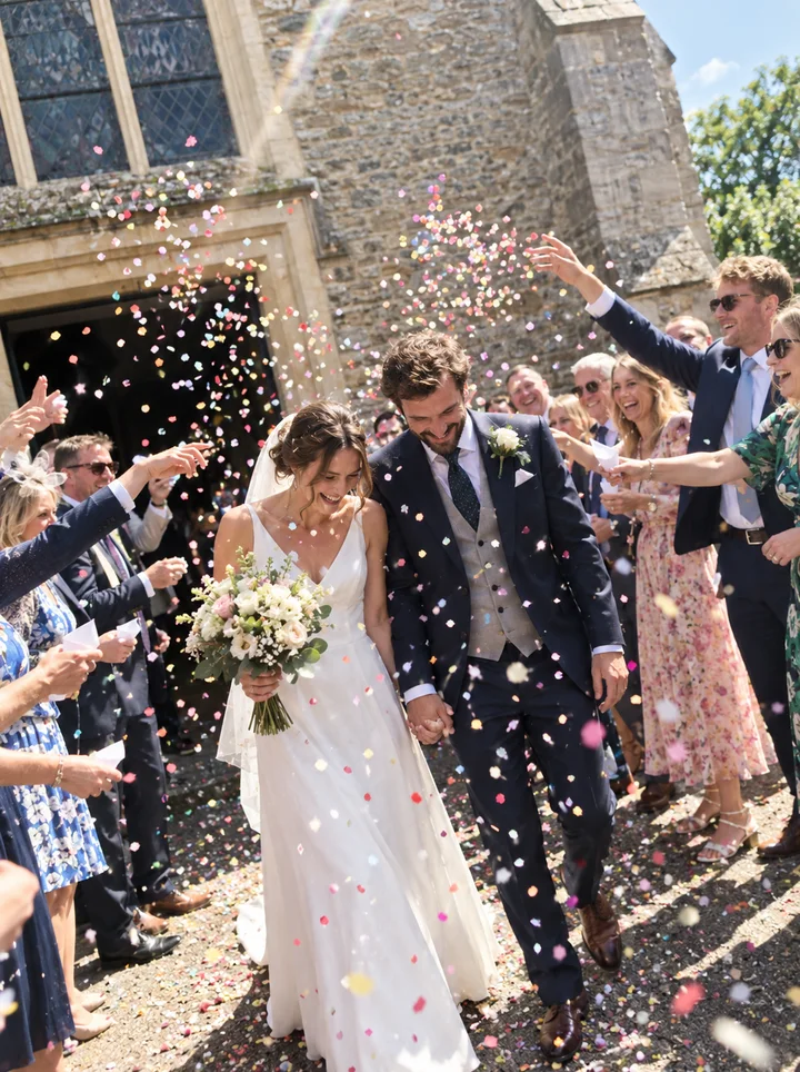 Confetti thrown as the couple walks out