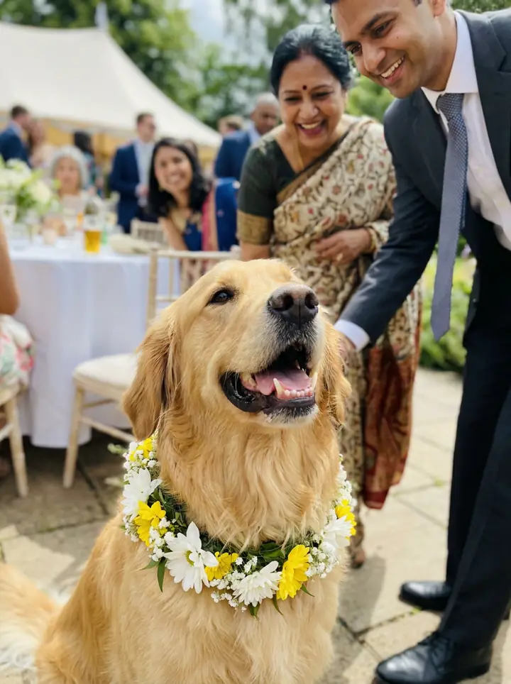 A golden retriever wearing a flower collar