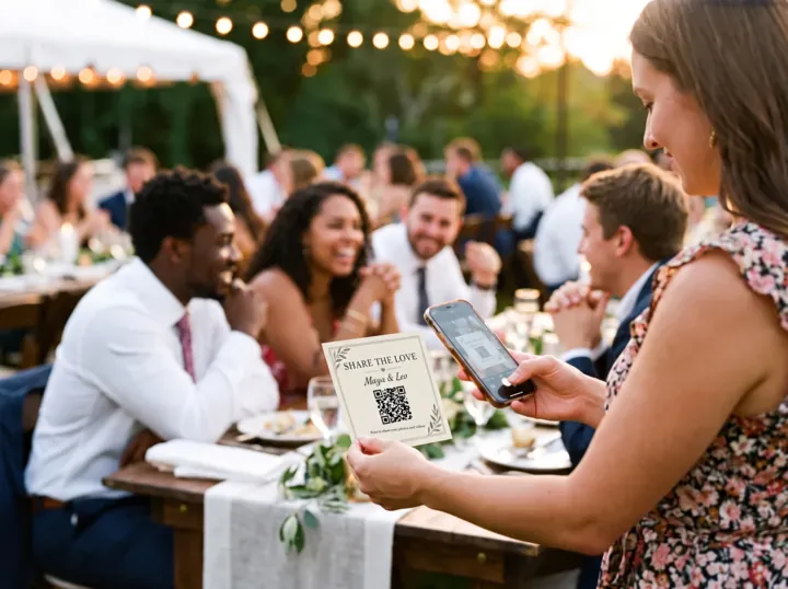 A guest scanning the matching ivory and sage wedding QR card
