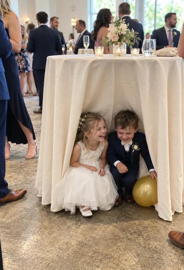 Two kids giggling under a reception table