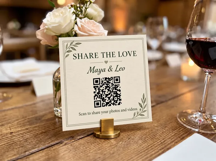 An ivory and sage 'Share the love' QR card on a wedding table